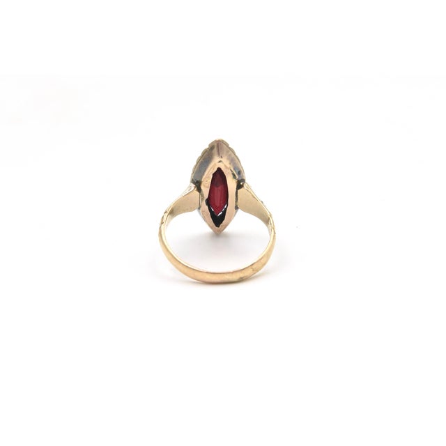 Red Antique Victorian 14k Gold Garnet and Seed Pearl Navette Ring, Size 5 For Sale - Image 8 of 12