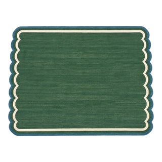 Handmade Cotton Flat Weave Area Rug, Forest Green and Teal Blue Scalloped Dhurrie - 9'x12' For Sale