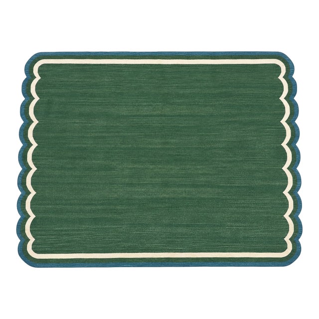Handmade Cotton Flat Weave Area Rug, Forest Green and Teal Blue Scalloped Dhurrie - 9'x12' For Sale