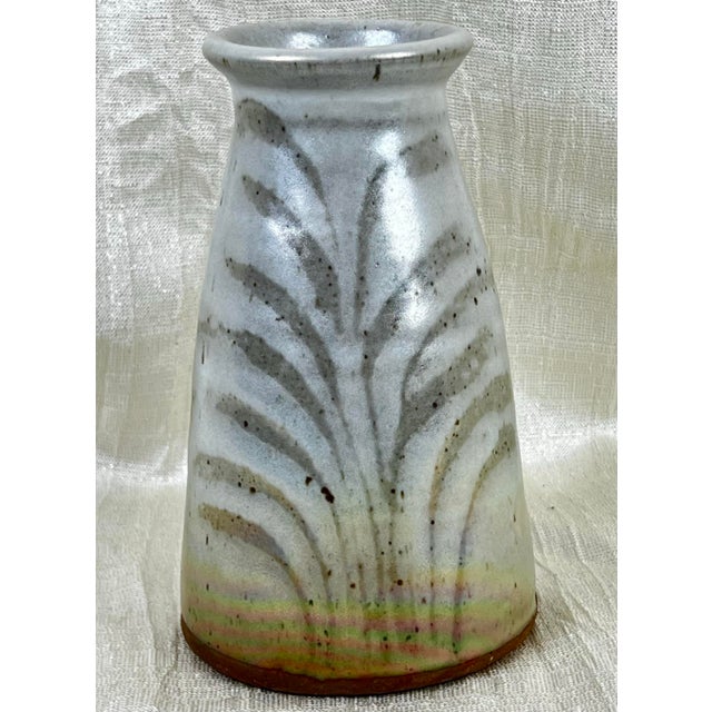 Signed Fp Studio Pottery Vase Iridescent Glaze Carved 7” For Sale - Image 10 of 12
