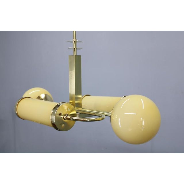 Czech Art Deco Brass Chandelier with Globe and Opaline Shades, 1930s For Sale - Image 6 of 18