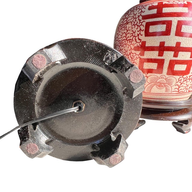 Mid 20th Century Chinese Red Double Happiness Porcelain Ginger Jar Lamps - a Pair For Sale - Image 13 of 15