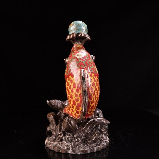 1980s Vintage Chinese Cloisonne Enamel Koi Fish Statue, Champleve Carp Sculpture With Lotus Wave Base For Sale - Image 5 of 9