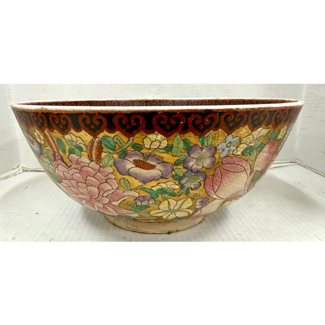 Chinoiserie Large Chinese Hand Painted Porcelain Floral Centerpiece Bowl For Sale - Image 3 of 9