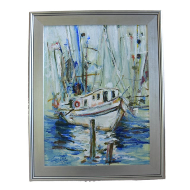 Vintage Nautical Sailboat at Harbor Dock Seascape Oil Painting Including the Antiqued Silver Wood Frame For Sale In Los Angeles - Image 6 of 7
