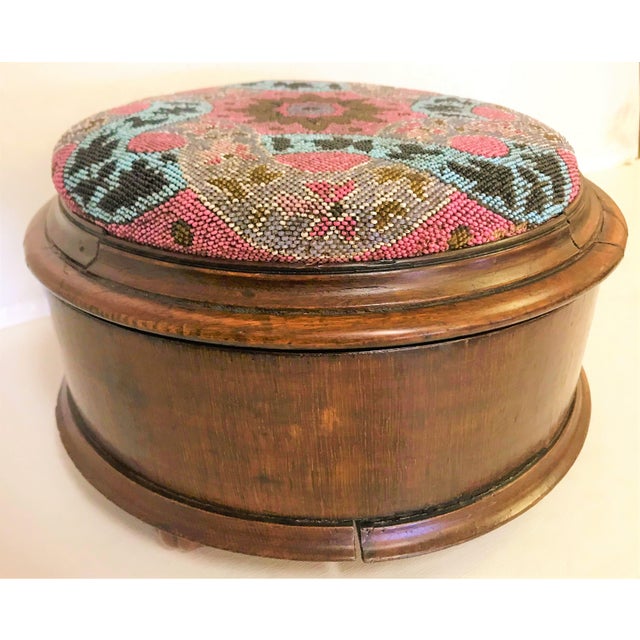 Antique Victorian Era Hand Beaded 'Tuffet' Footstool With Storage