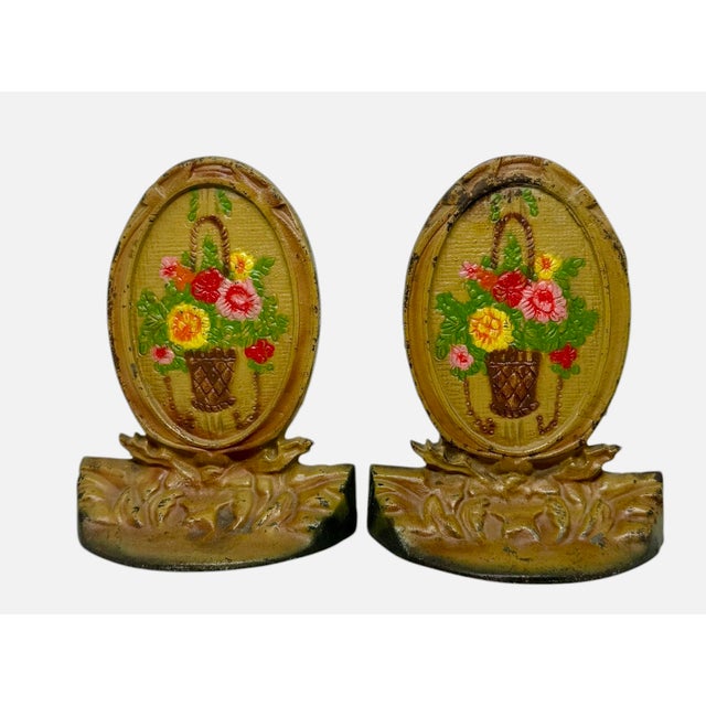 1920’s Cast Iron Bookends Handpainted Enamel Finish Oval Shape Basket Filled With Flowers Motif - A Pair For Sale - Image 4 of 12