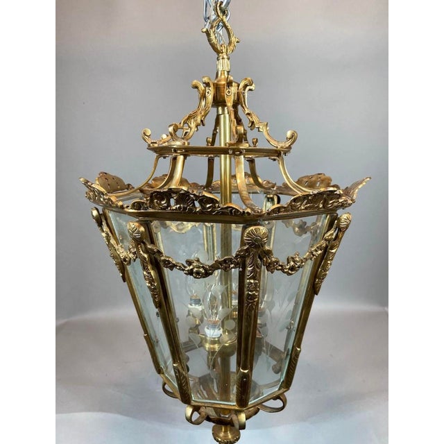 1970 French Louis XVI Gold Bronze Glass Lantern Chandelier For Sale - Image 12 of 16