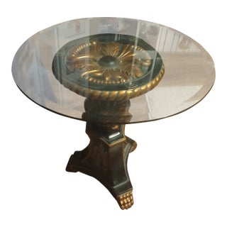 Hollywood Regency Glass Top Pedestal Side Table With Gilt Neoclassical Base For Sale