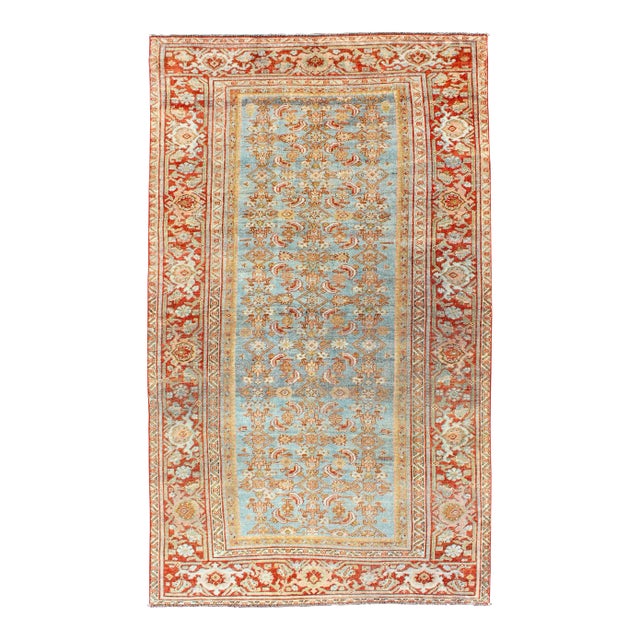 Antique Persian Bidjar Rug With Blossoming Floral Design in Light Blue and Red For Sale