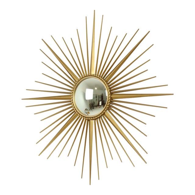 Fantastic vintage sunburst mirror, iconic sunburst mirror by top brand Chaty Vallauris, mirror made of gold-colored metal...