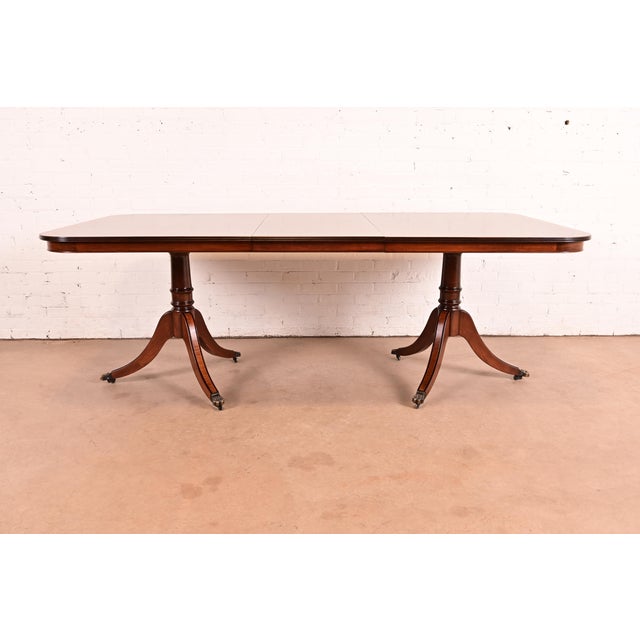 John Widdicomb John Widdicomb Georgian Banded Mahogany Double Pedestal Extension Dining Table, Newly Refinished For Sale - Image 4 of 11