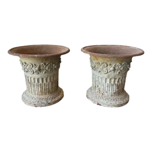 Antique Louis XVI Iron Cast Garden Urn Planters - Set of 2