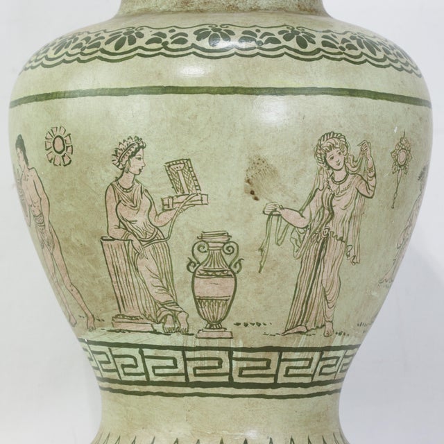 Pair of Vintage Hand-Painted Neoclassical Greek Revival Ceramic Temple Jar Table Lamps For Sale - Image 4 of 15