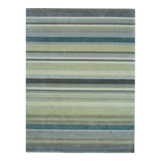 8x10 Zinnia Striped Green Geometric Contemporary Handmade Wool Carpet Rug For Sale