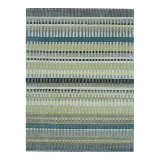 8x10 Zinnia Striped Green Geometric Contemporary Handmade Wool Carpet Rug For Sale