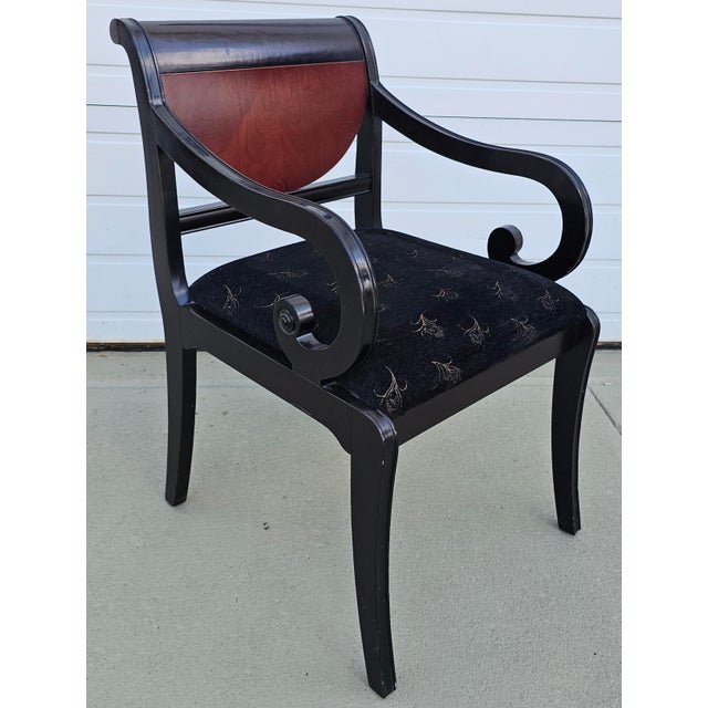 Early 21st Century Pair Empire Style Enameled and Velvet Upholstered Scroll Armchairs For Sale - Image 5 of 11