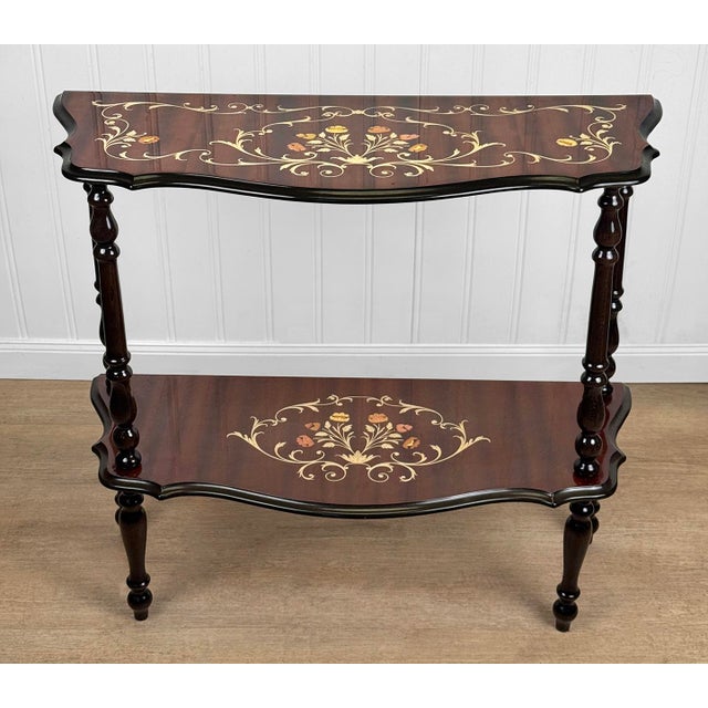 Vintage Italian Rococo Marquetry Fruitwood Console Hall Table For Sale - Image 4 of 12