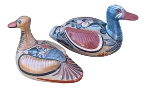 1960s Large Mexican Hand Painted Tonala Bird Scuptures - a Pair