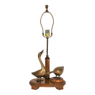 Mid-Century Brass & Wood Geese Table Lamp For Sale