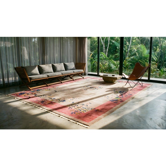 1920s Tan Ecru Flowers Spray Modern Antique Chinese Art Deco Carpet 8' 11'' X 11' 7" Woven Wool Rug For Sale - Image 10 of 12