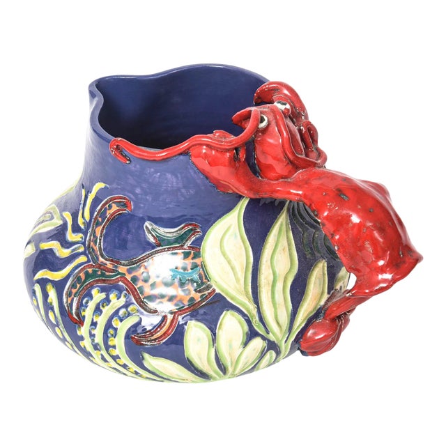 1997 Ceramic Folk Art Pottery Lobster Fish Sealife Under the Sea Pitcher For Sale