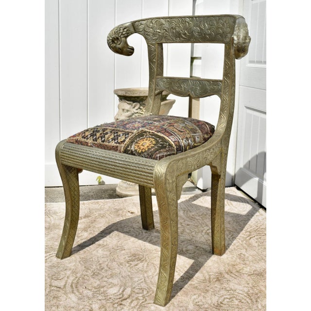 Metal Clad Rams Head Side Chair Anglo Indian Regency Repousse Vintage For Sale - Image 4 of 12