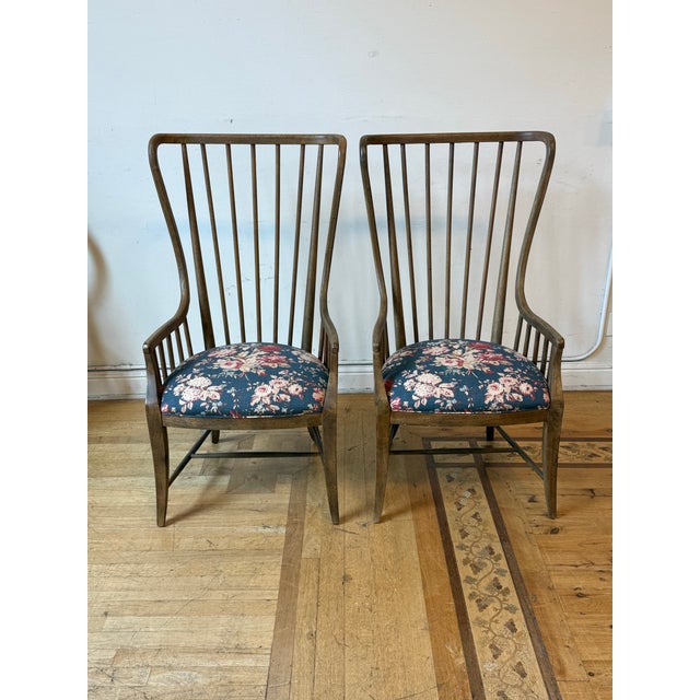 Design Plus Gallery presents a Pair of Sanctuary Tall Spindle Armchairs by Hooker Furniture. Each chair has a high spindle...