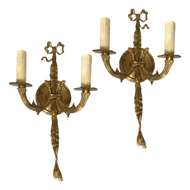 Vintage Pair of Solid Brass Wall-Mount Sconces. For Sale