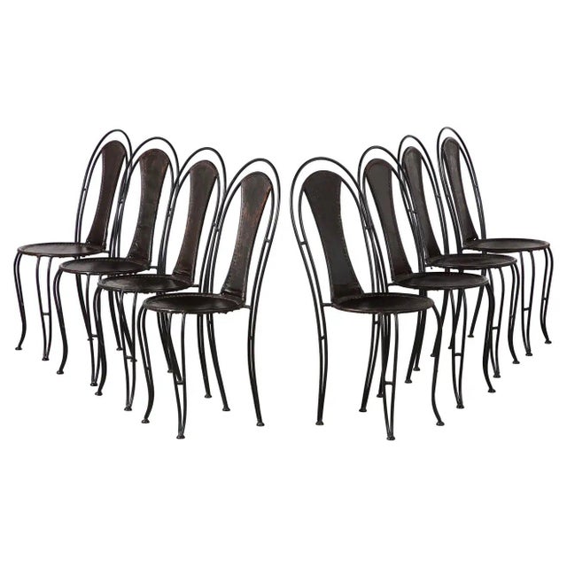 Italian Leather and Metal Bistro Dining Chairs, Circa 1960 Set of 8