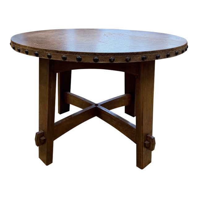Late 20th Century Stickley Mission Oak Leather Top Round Table For Sale