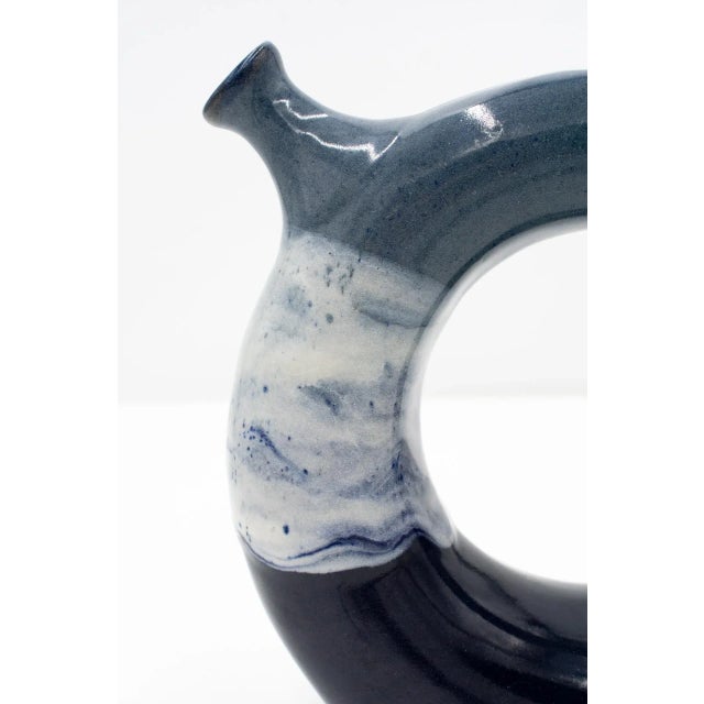 Ink Blue Vintage 1990s Handmade Donut Tube Pitcher For Sale - Image 8 of 13