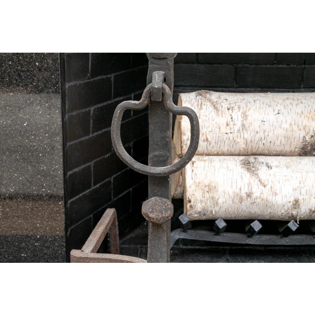 Antique Tall Wrought Iron Fireplace Andirons With Urn Form Brass Finials—A Pair For Sale - Image 4 of 8