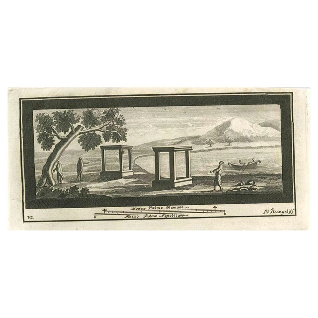 Secondo De Angelis, Pompeian Fresco Landscape, Etching, 18th Century For Sale