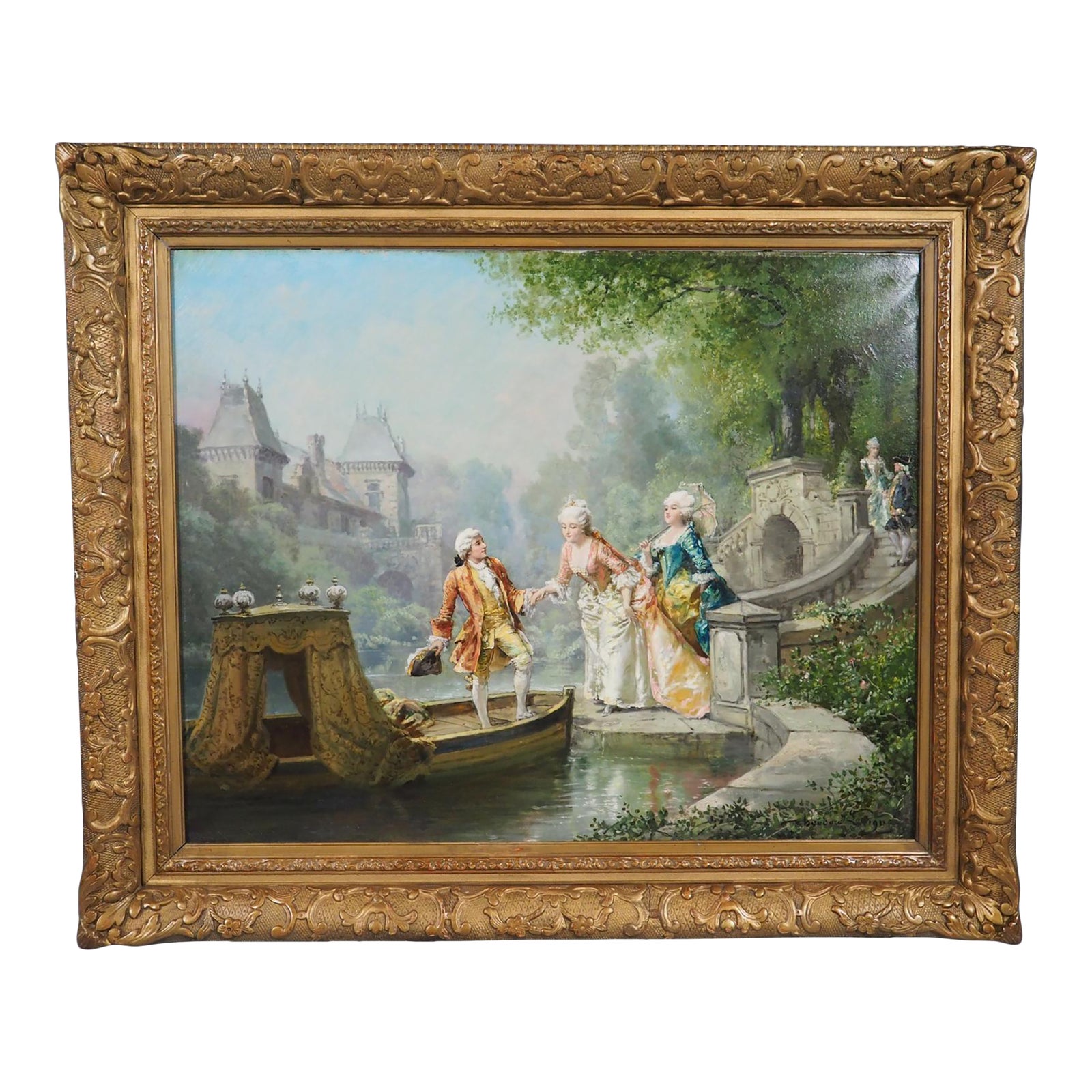 Antique French Oil Painting, “L'embarquement” by Théodore Levigne