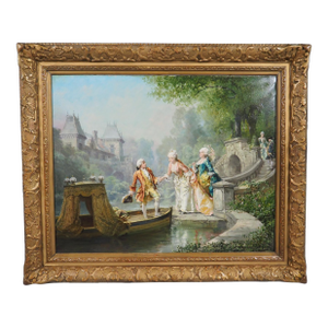 Antique French Oil Painting, “L’embarquement” by Théodore Levigne 1848-1912