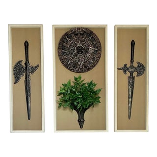 Vintage 1960s Decorative Wall Set Art Fantasy-Style Halberd Swords Aztec Sun, Mid-Century Modern Era For Sale