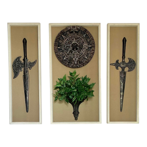 Vintage 1960s Decorative Wall Set Art Fantasy-Style Halberd Swords Aztec Sun, Mid-Century Modern Era