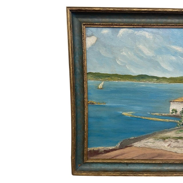 1970s Vintage Coastal Landscape Painting in Impressionist Style, Framed Seascape With Sailboat - Unknown Artist For Sale - Image 5 of 10