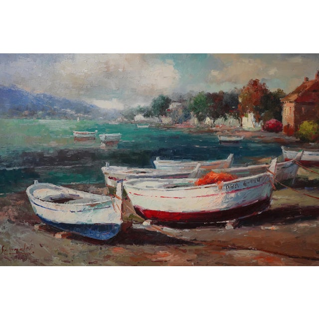 Gold Artist Signed Boat & Village Oil Painting on Canvas For Sale - Image 8 of 12