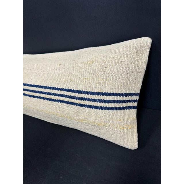 Turkish Hemp Pillow Cushion Natural Beige Blue Cushion Cover 14"x45" For Sale - Image 4 of 4