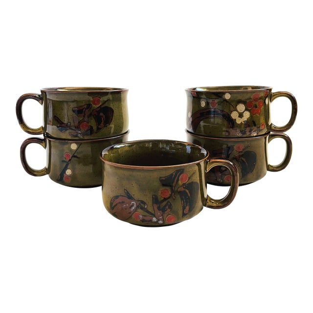 Floral Stoneware Mug Bowls - Set of 5 For Sale
