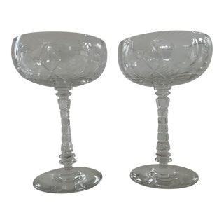 1950s Cut Crystal Clear Floral Etched Champagne Glasses- Set of 2 For Sale