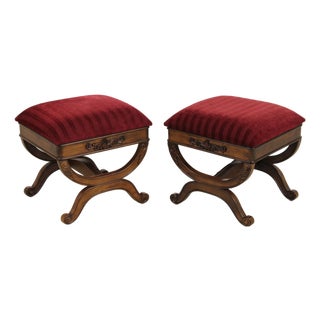Pair of Mahogany French Style Upholstered Footstools For Sale