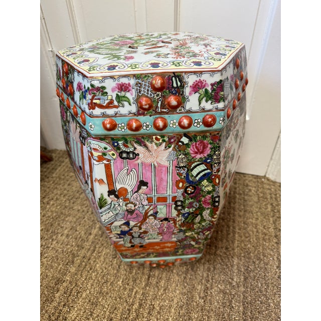 Chinese Vintage Rose Medallion Garden Seat, Hexagon Top For Sale - Image 3 of 6