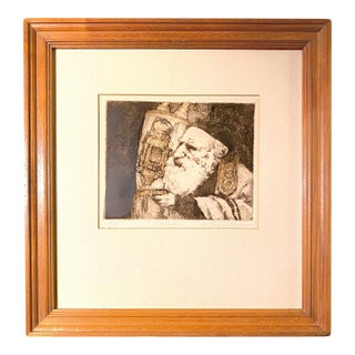 1980s Charles Bragg Etching Rabbi With Torah Framed Fine Art Original Print Judaica For Sale