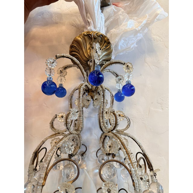 Victorian Pair Antique Victorian Chandelier With Amber and Cobalt Floral Crystal Pendants For Sale - Image 3 of 3