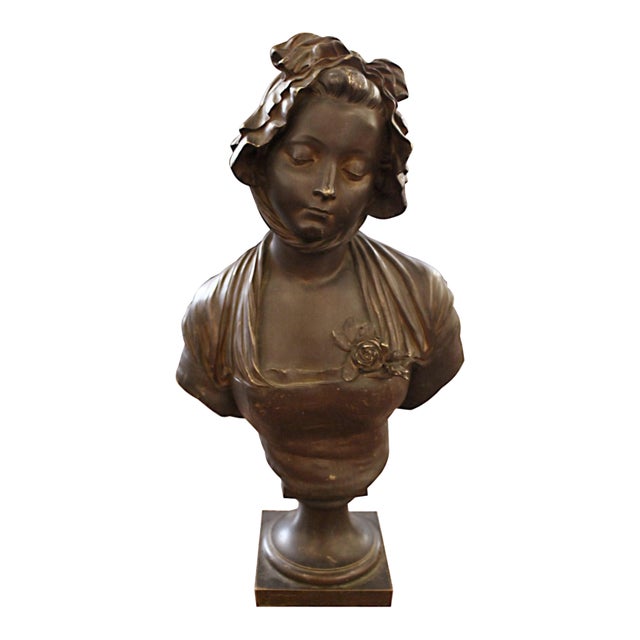 Antique 1800s Bronze Bust of Woman With Bonnet For Sale