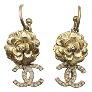 Chanel Gold Camellia Flower CC Opal Crystal Dangle Piercing Earrings, A Pair