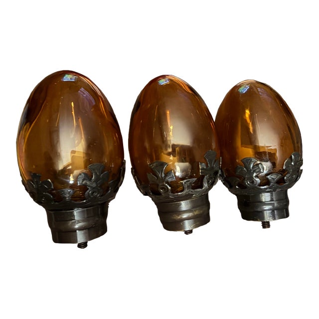 Vintage Amber Glass Newel Post Finials Staircase Toppers - Set of 3 For Sale